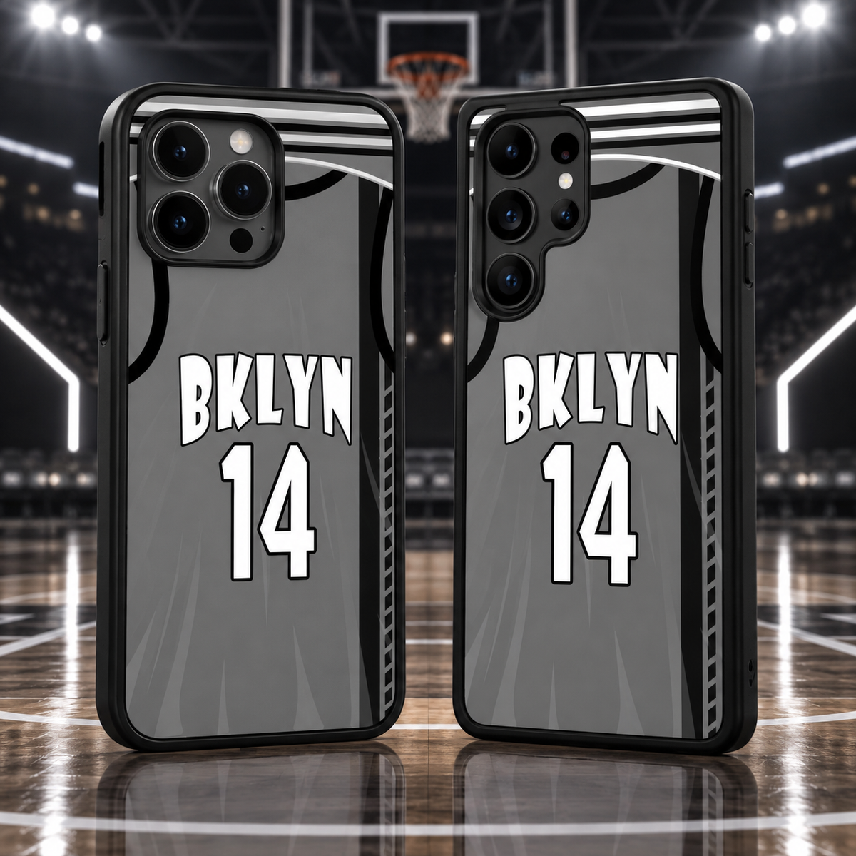 Brooklyn Nets gray BKLYN jersey number 14 iPhone 18 Pro Max and Samsung Galaxy S26 Ultra case mockup
