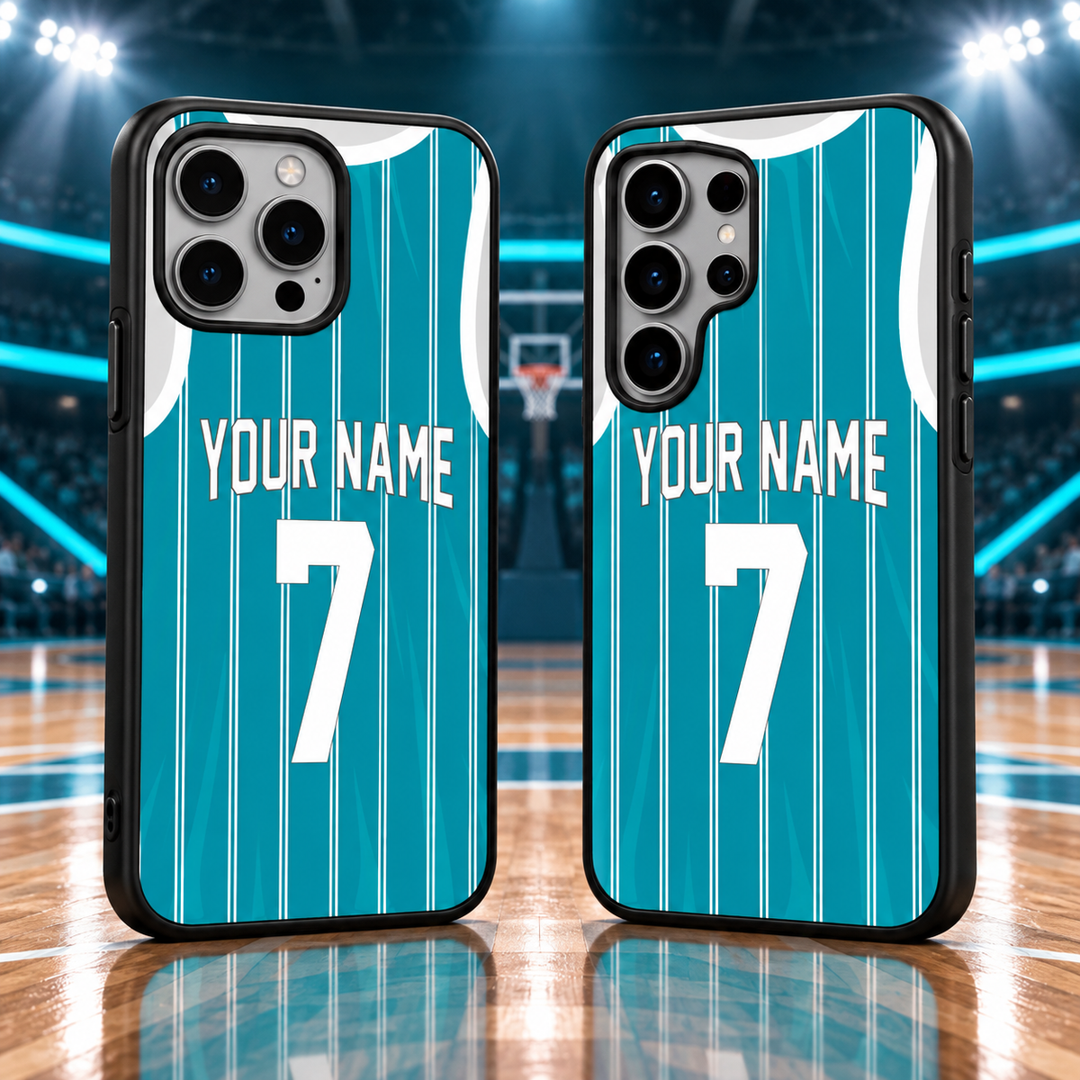 Charlotte Hornets teal personalized jersey number 7 iPhone 18 Pro Max and Samsung Galaxy S26 Ultra case mockup