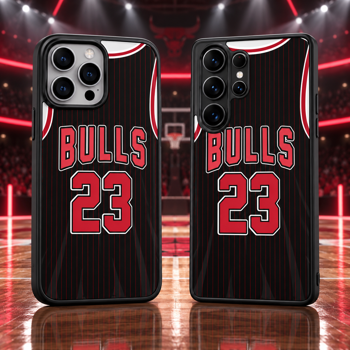 Chicago Bulls black pinstripe jersey number 23 iPhone 18 Pro Max and Samsung Galaxy S26 Ultra case mockup