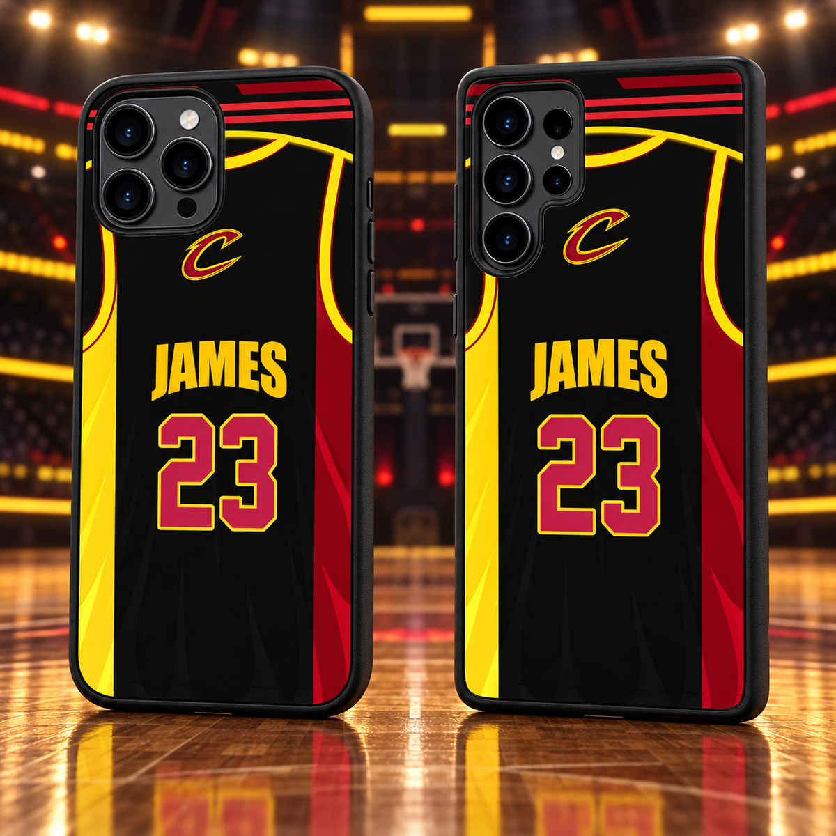 Cleveland Cavaliers James number 23 iPhone 18 Pro Max and Samsung Galaxy S26 Ultra case mockup
