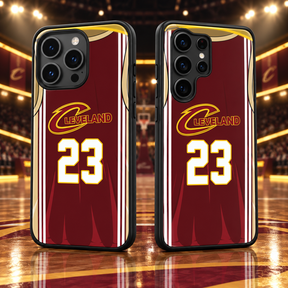 Cleveland Cavaliers wine jersey number 23 iPhone 18 Pro Max and Samsung Galaxy S26 Ultra case mockup