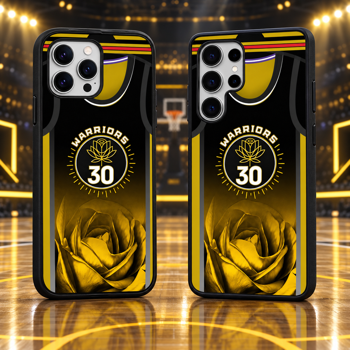Golden State Warriors black and gold jersey number 30 iPhone 18 Pro Max and Samsung Galaxy S26 Ultra phone case mockup