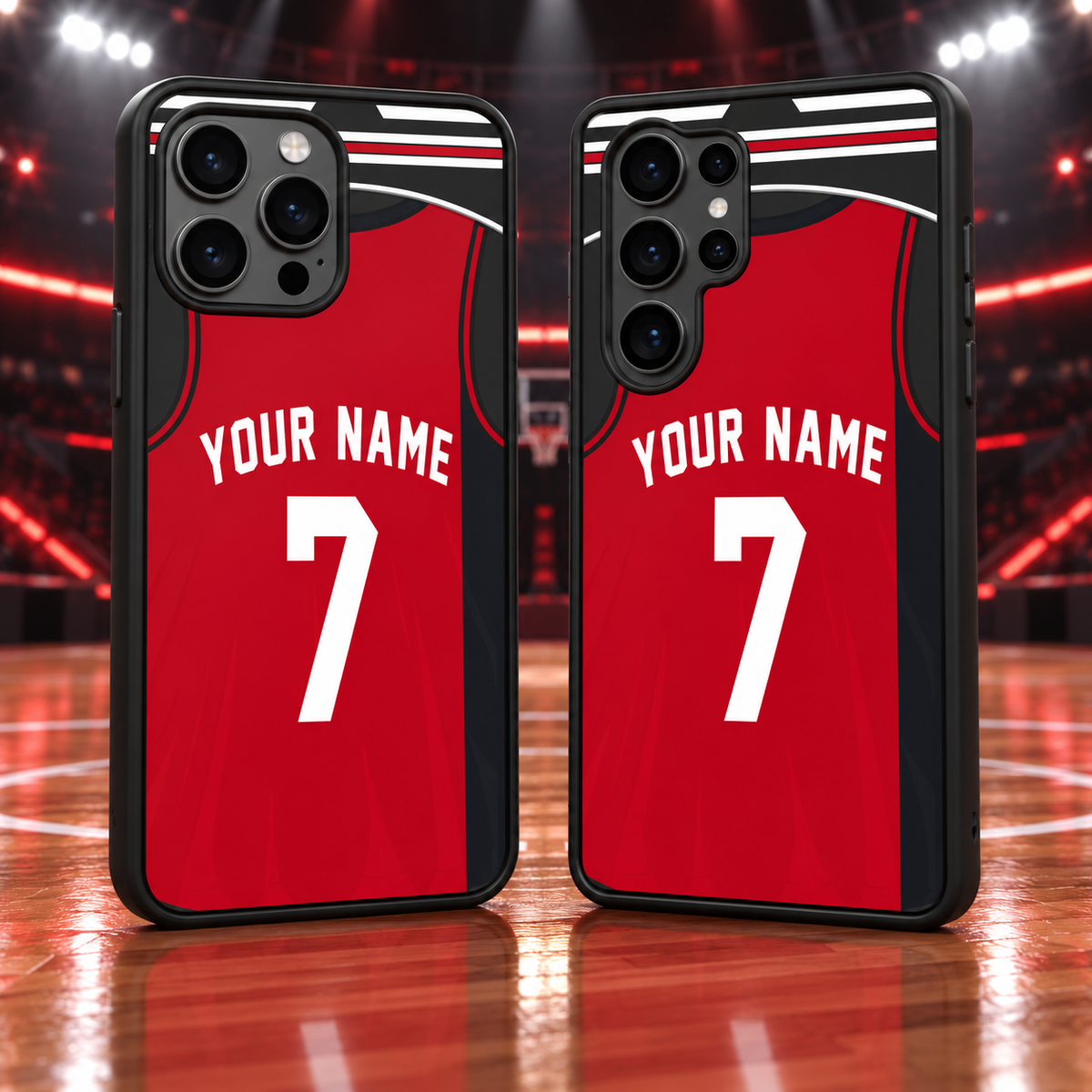 Houston Rockets red personalized jersey number 7 iPhone 18 Pro Max and Samsung Galaxy S26 Ultra phone case mockup