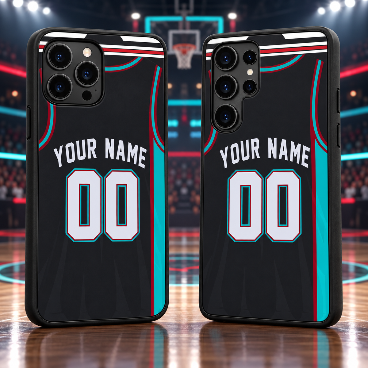 Memphis Grizzlies black personalized jersey number 00 iPhone 18 Pro Max and Samsung Galaxy S26 Ultra phone case mockup