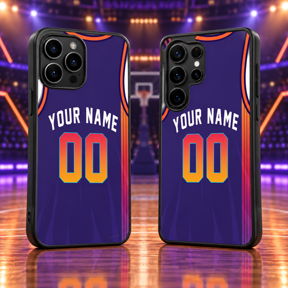 Phoenix Suns purple gradient personalized jersey number 00 iPhone 18 Pro Max and Samsung Galaxy S26 Ultra case mockup