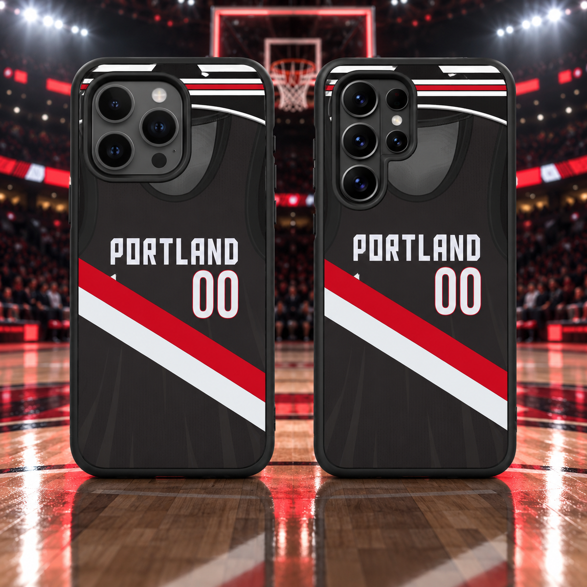 Portland Trail Blazers Portland 00 black red and white basketball jersey phone case mockup
