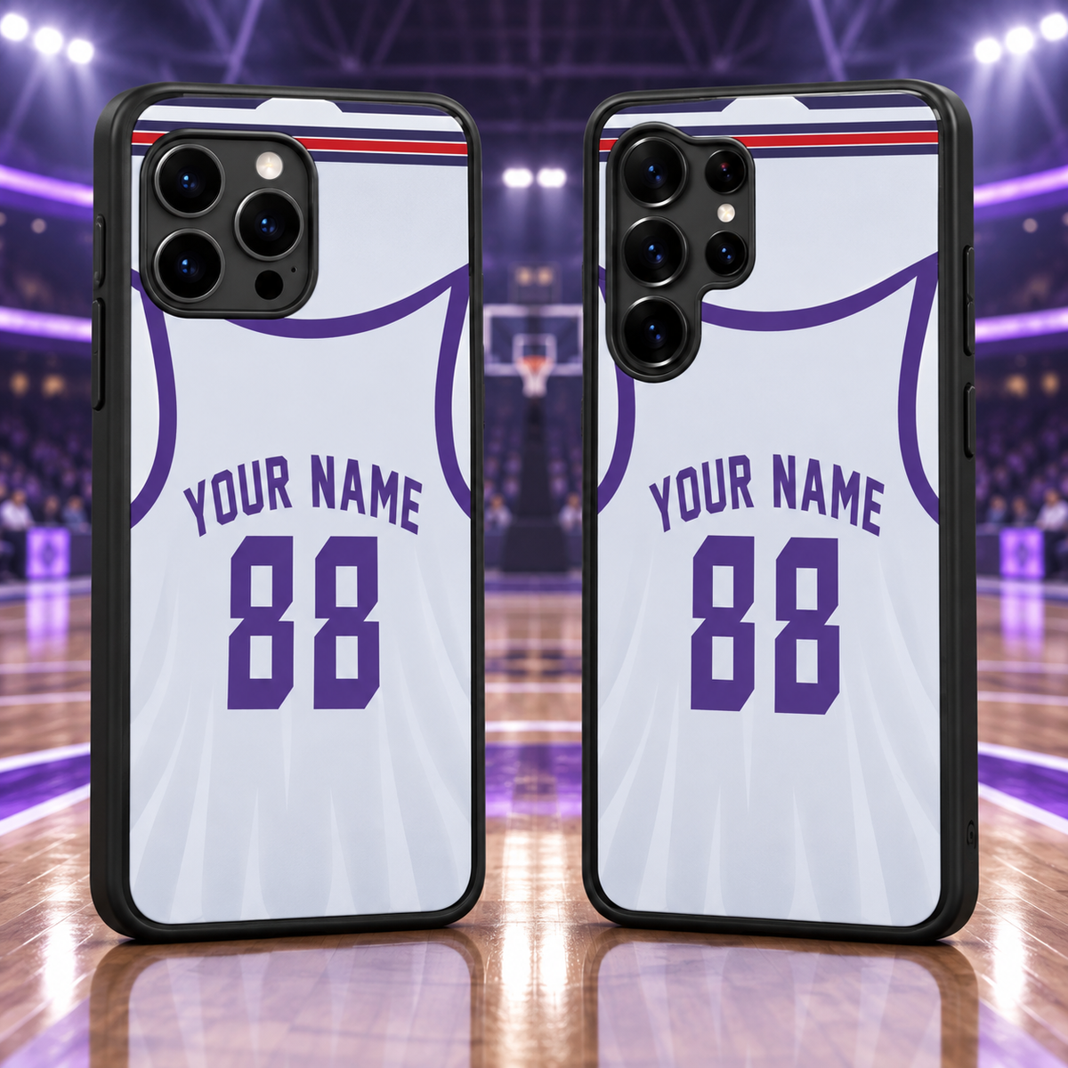 Sacramento Kings white and purple personalized jersey number 88 iPhone 18 Pro Max and Samsung Galaxy S26 Ultra case mockup