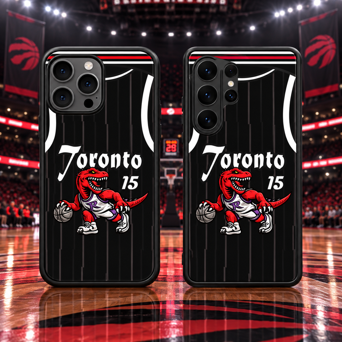 Toronto Raptors black 15 dinosaur basketball jersey phone case mockup