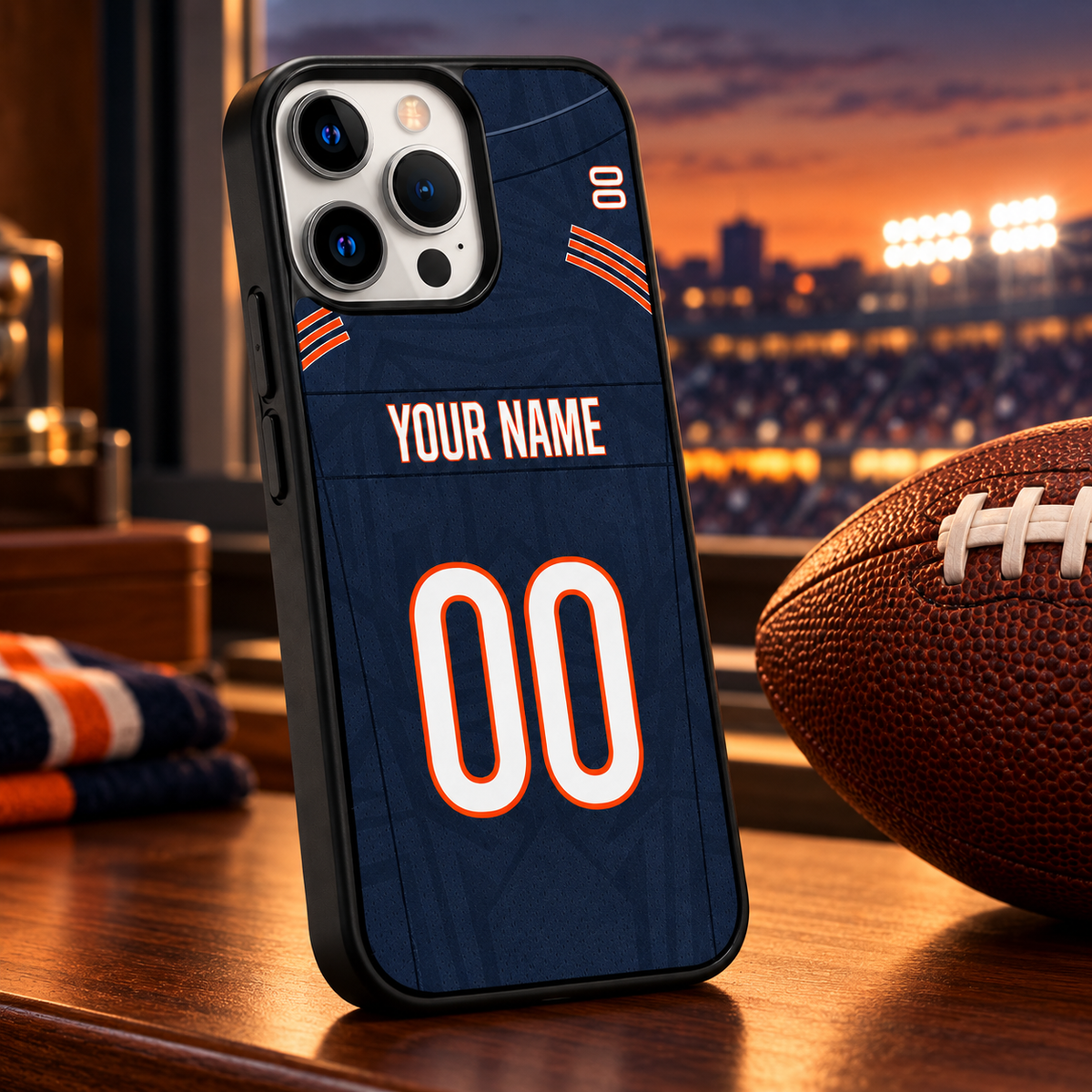 Chicago personalized name and number case beside a football