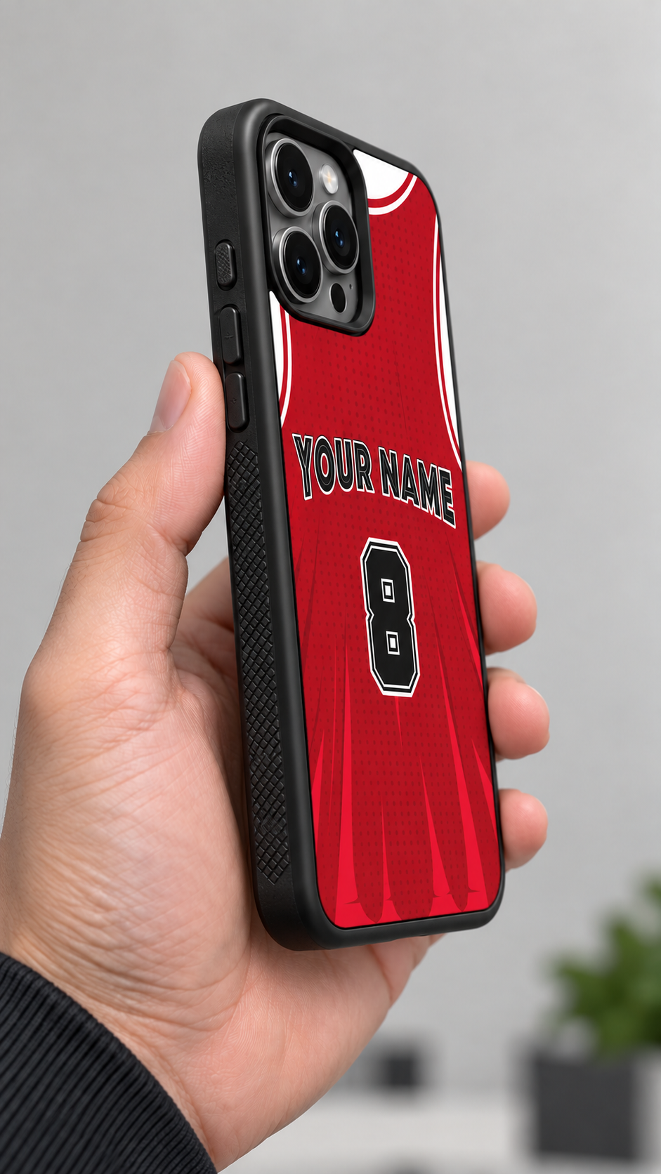 Chicago red personalized number 8 phone case handheld diamond grip side view