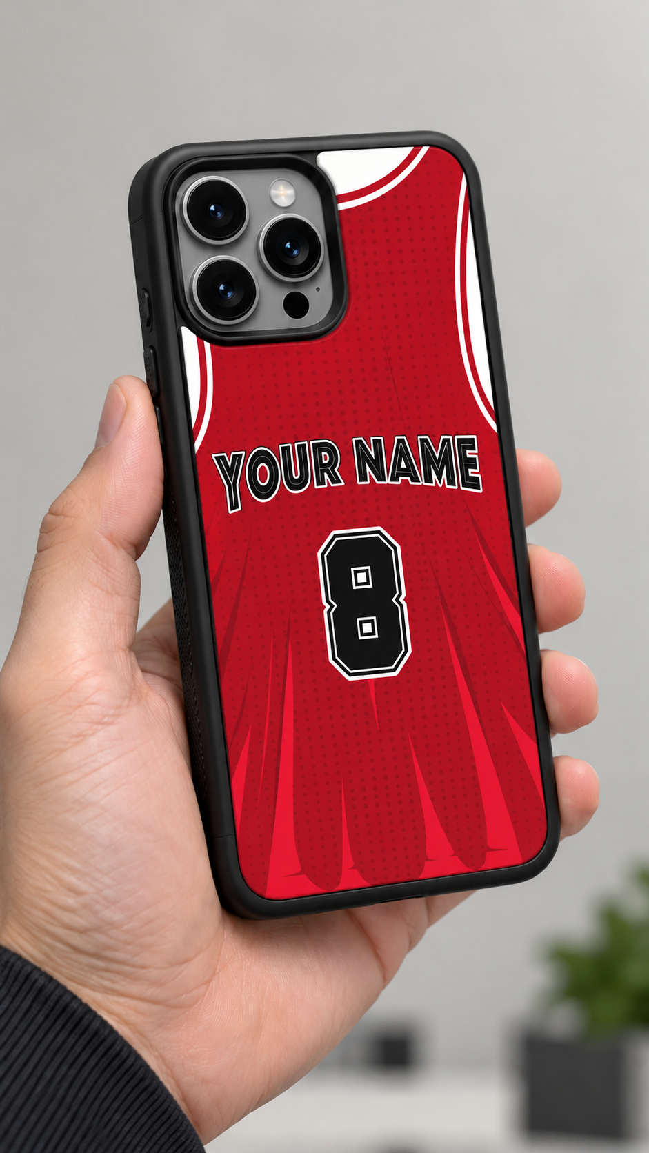 Chicago red personalized number 8 phone case handheld back view