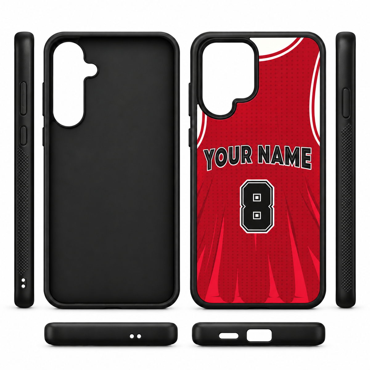Chicago red personalized number 8 TPU phone case multi-angle views with diamond side grip
