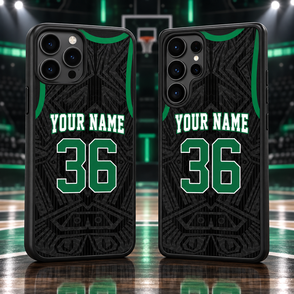 Boston Celtics Black Pattern Personalized Name & Number TPU Phone Case — iPhone 18 Pro Max and Samsung Galaxy S26 Ultra mockup