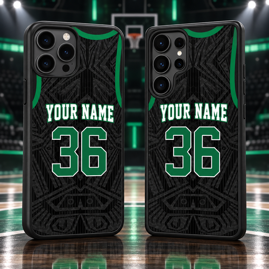 Boston Celtics Black Pattern Personalized Name & Number TPU Phone Case — iPhone 18 Pro Max and Samsung Galaxy S26 Ultra mockup