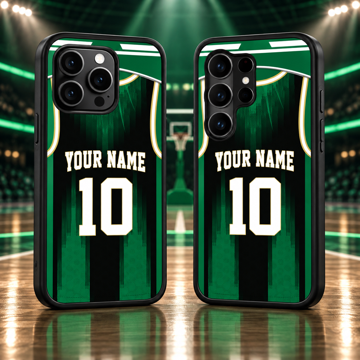Boston Celtics Black & Green Personalized Name & Number TPU Phone Case — iPhone 18 Pro Max and Samsung Galaxy S26 Ultra mockup