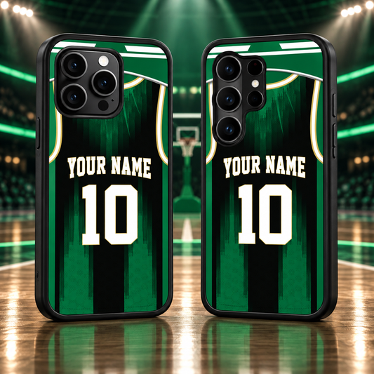 Boston Celtics Black & Green Personalized Name & Number TPU Phone Case — iPhone 18 Pro Max and Samsung Galaxy S26 Ultra mockup