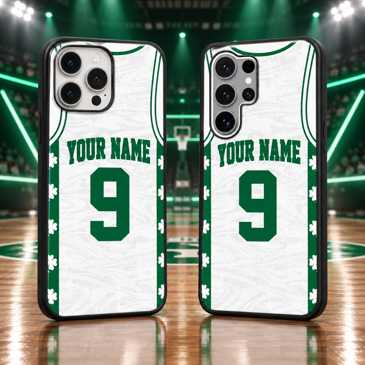Boston Celtics White Jersey Personalized Name & Number TPU Phone Case — iPhone 18 Pro Max and Samsung Galaxy S26 Ultra mockup