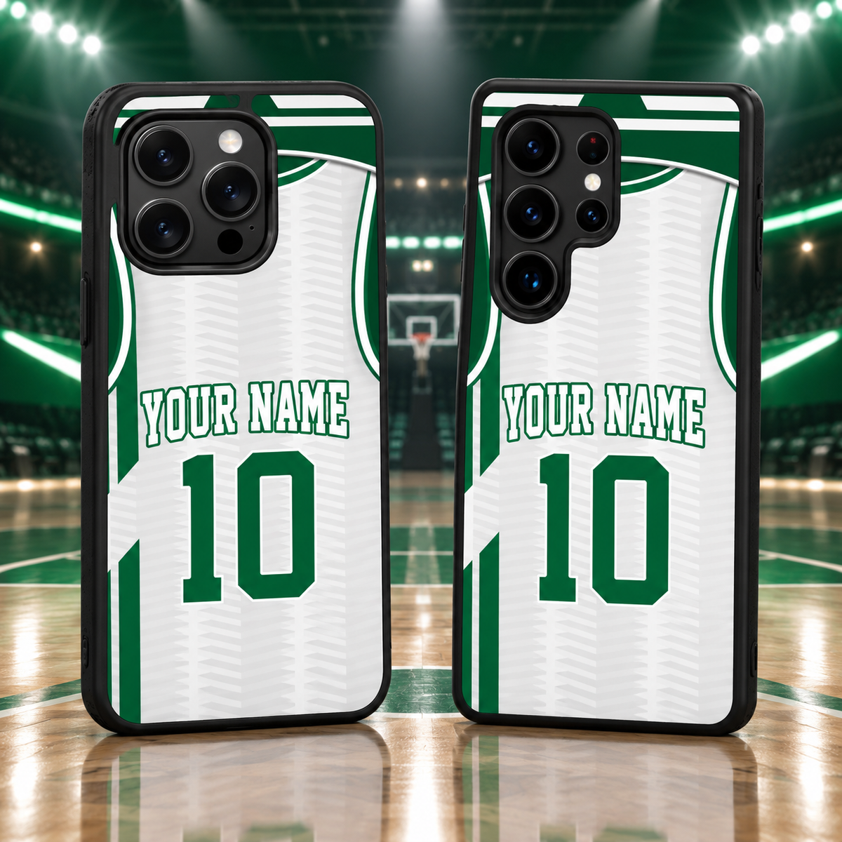 Boston Celtics White Chevron Personalized Name & Number TPU Phone Case — iPhone 18 Pro Max and Samsung Galaxy S26 Ultra mockup