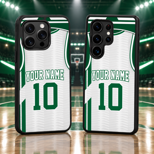 Boston Celtics White Chevron Personalized Name & Number TPU Phone Case — iPhone 18 Pro Max and Samsung Galaxy S26 Ultra mockup