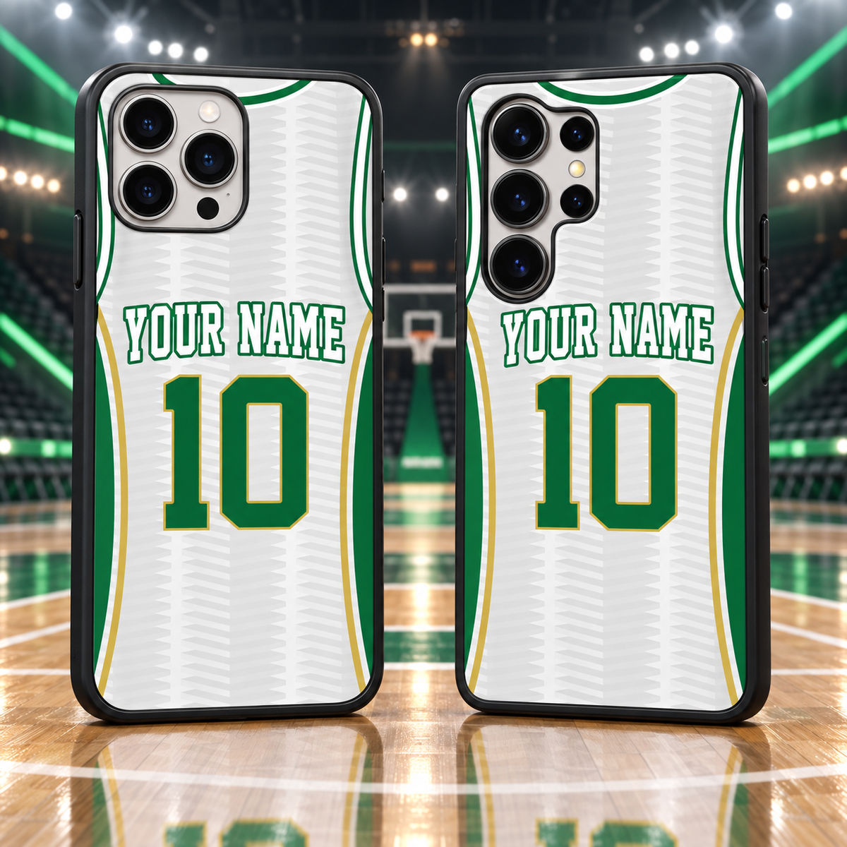 Boston Celtics White & Gold Personalized Name & Number TPU Phone Case — iPhone 18 Pro Max and Samsung Galaxy S26 Ultra mockup