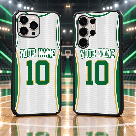 Boston Celtics White & Gold Personalized Name & Number TPU Phone Case — iPhone 18 Pro Max and Samsung Galaxy S26 Ultra mockup
