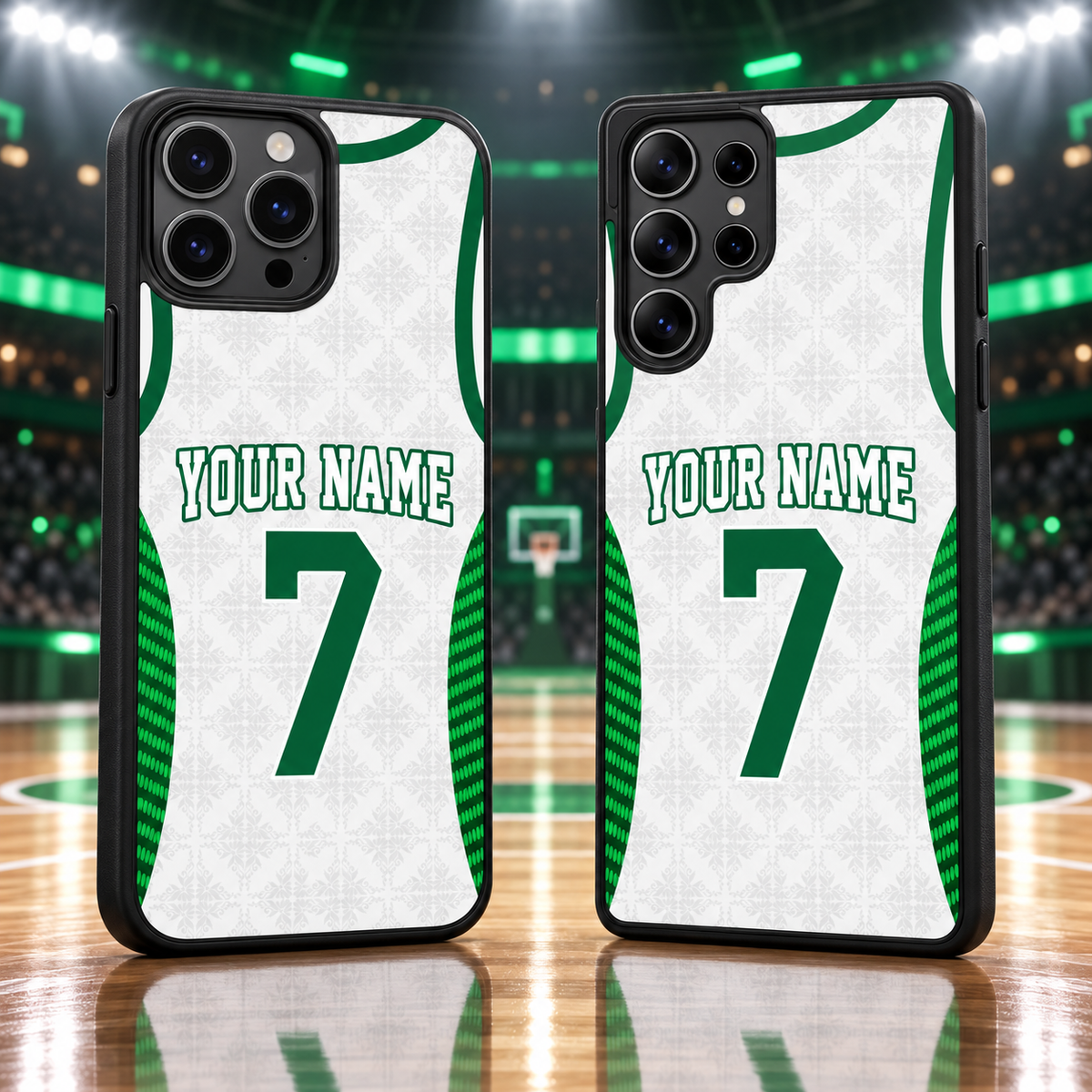 Boston Celtics White Heritage #7 Personalized TPU Phone Case — iPhone 18 Pro Max and Samsung Galaxy S26 Ultra mockup