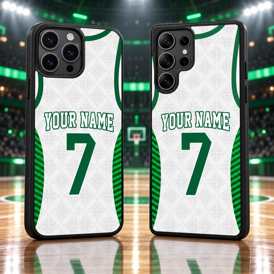 Boston Celtics White Heritage #7 Personalized TPU Phone Case — iPhone 18 Pro Max and Samsung Galaxy S26 Ultra mockup