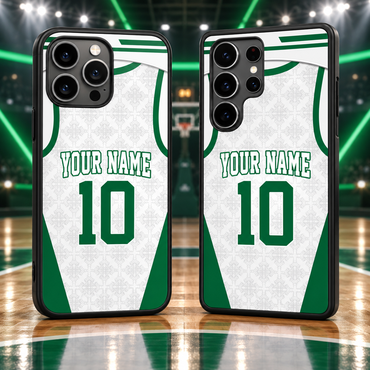 Boston Celtics White Ornamental Personalized Name & Number TPU Phone Case — iPhone 18 Pro Max and Samsung Galaxy S26 Ultra mockup