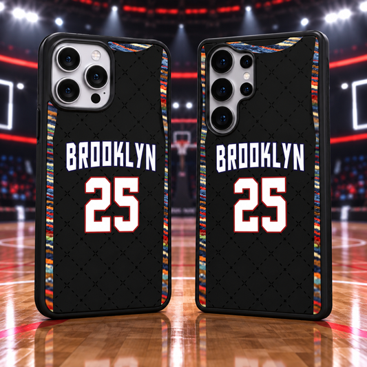 Brooklyn Nets black jersey number 25 iPhone 18 Pro Max and Samsung Galaxy S26 Ultra case mockup