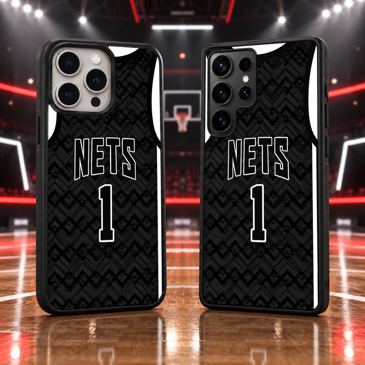 Brooklyn Nets black pattern jersey number 1 iPhone 18 Pro Max and Samsung Galaxy S26 Ultra case mockup