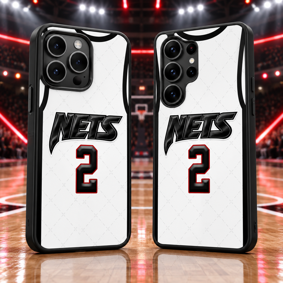 Brooklyn Nets white jersey number 2 iPhone 18 Pro Max and Samsung Galaxy S26 Ultra case mockup