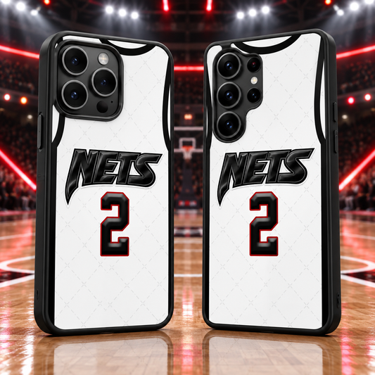 Brooklyn Nets white jersey number 2 iPhone 18 Pro Max and Samsung Galaxy S26 Ultra case mockup