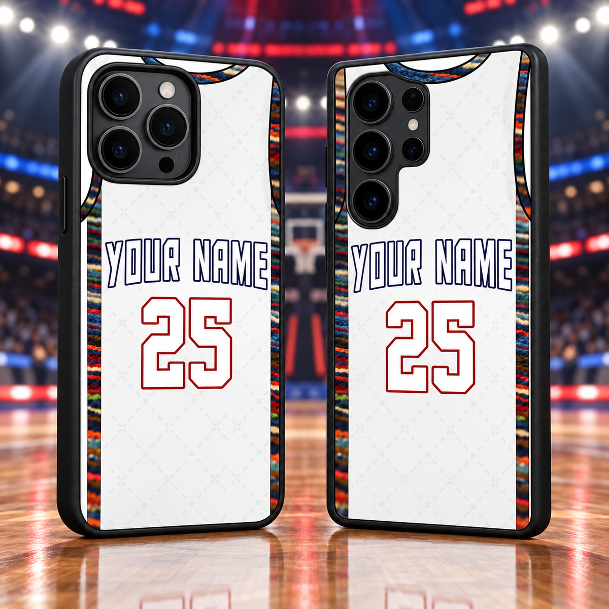 Brooklyn Nets white personalized jersey number 25 iPhone 18 Pro Max and Samsung Galaxy S26 Ultra case mockup