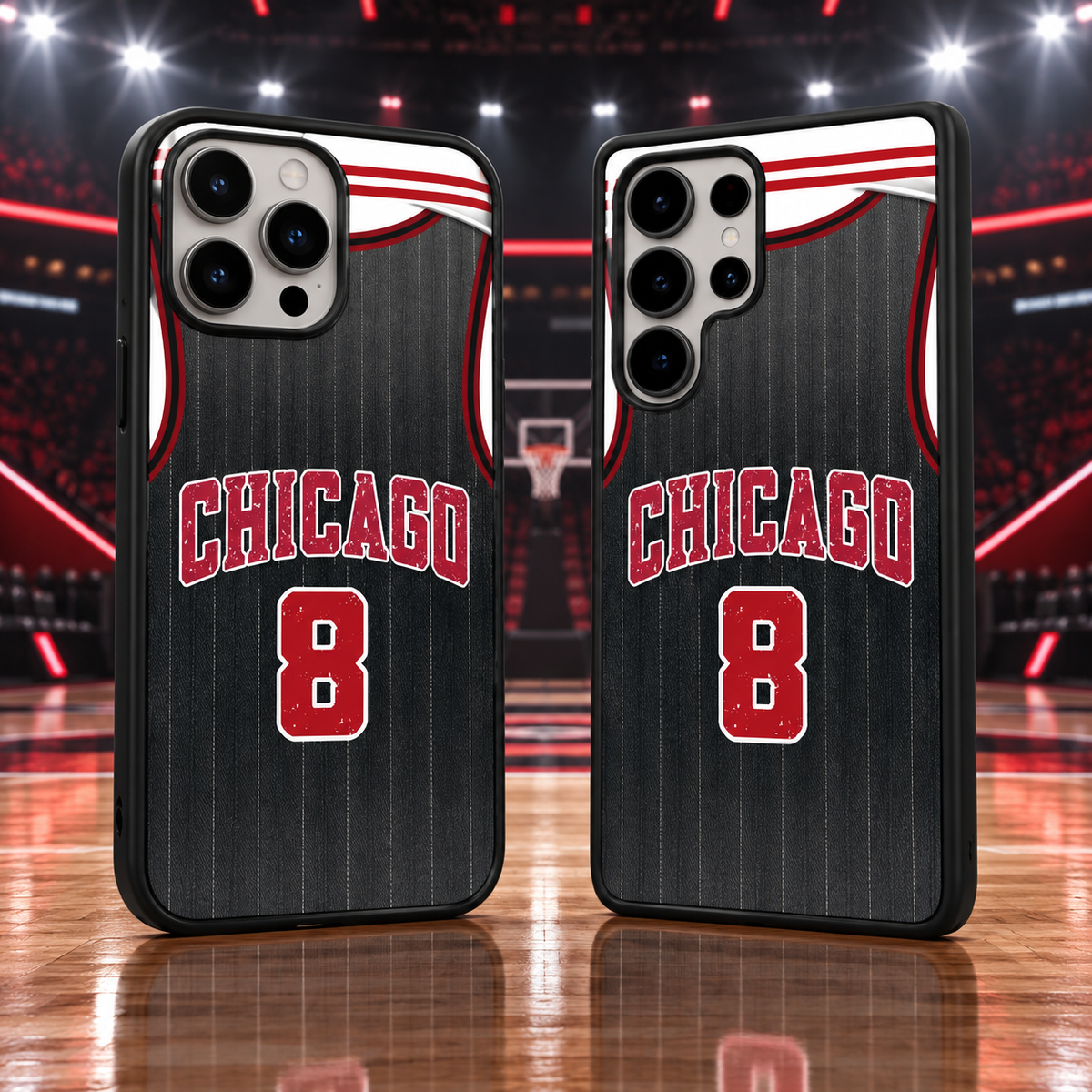 Chicago Bulls black Chicago jersey number 8 iPhone 18 Pro Max and Samsung Galaxy S26 Ultra case mockup