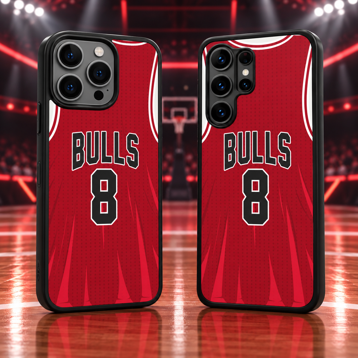 Chicago Bulls red jersey number 8 iPhone 18 Pro Max and Samsung Galaxy S26 Ultra case mockup