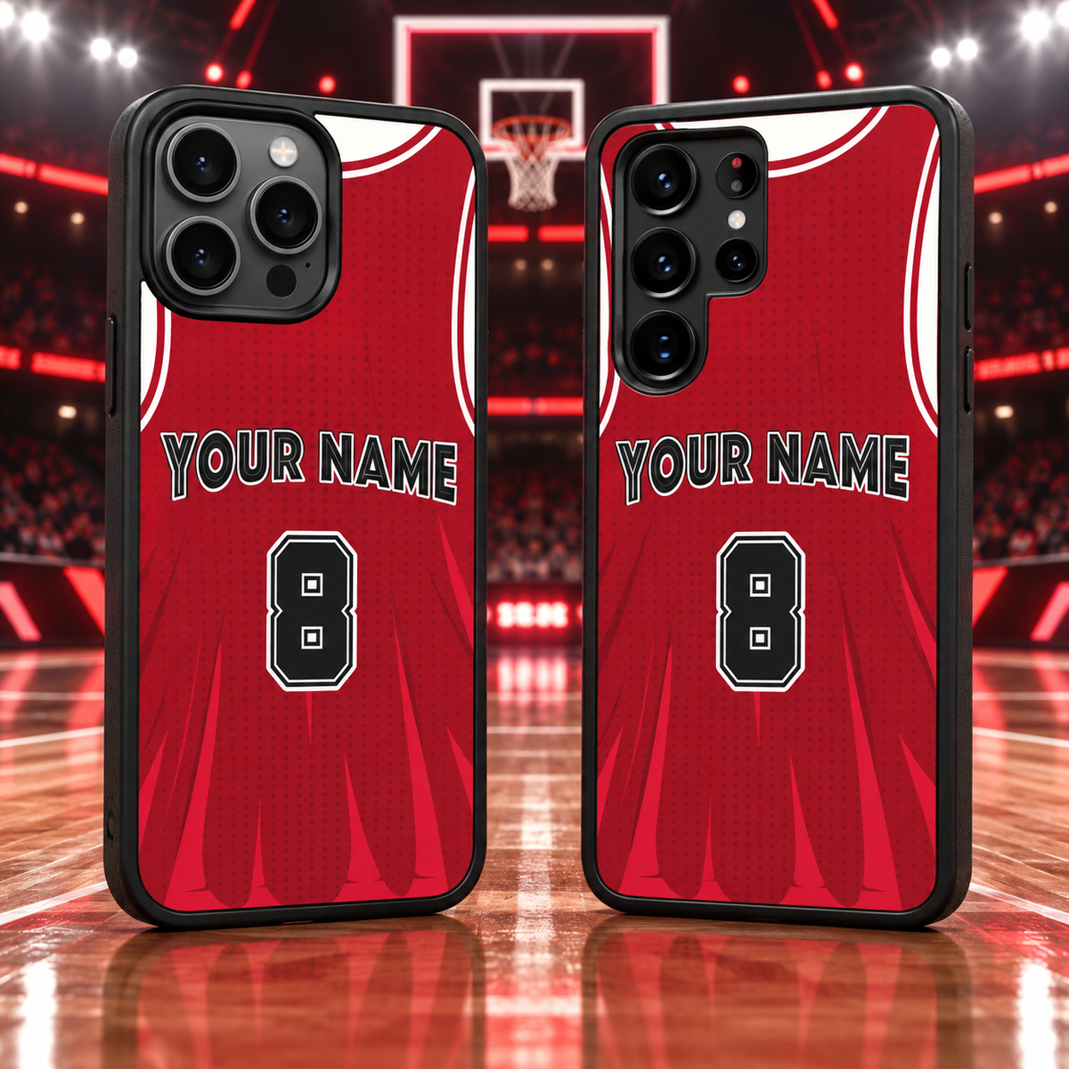 Chicago Bulls red personalized jersey number 8 iPhone 18 Pro Max and Samsung Galaxy S26 Ultra case mockup