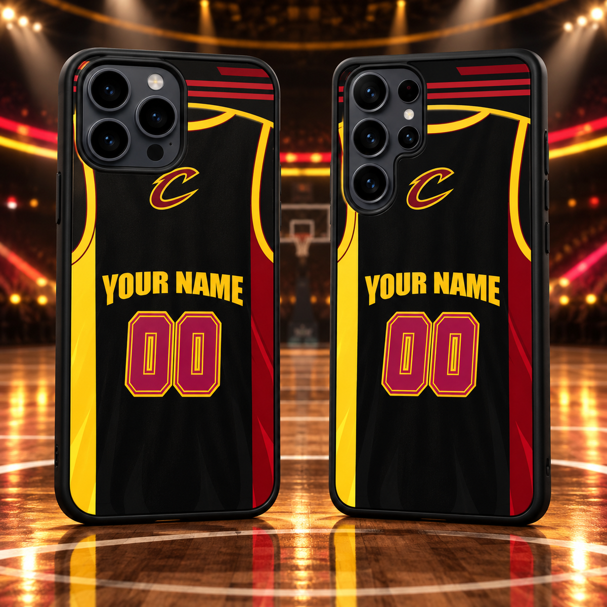 Cleveland Cavaliers black personalized jersey number 00 iPhone 18 Pro Max and Samsung Galaxy S26 Ultra case mockup