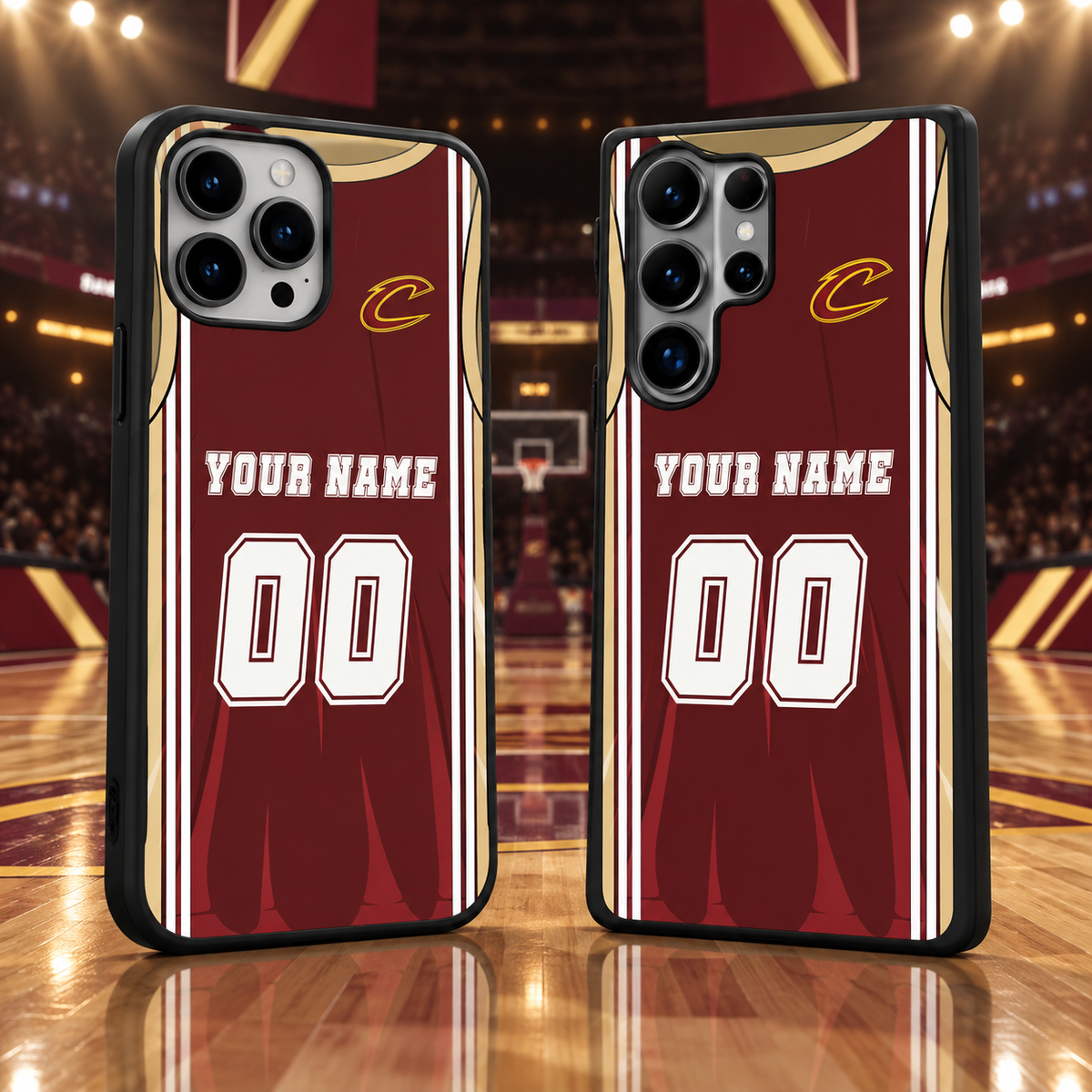 Cleveland Cavaliers wine and gold personalized jersey number 00 iPhone 18 Pro Max and Samsung Galaxy S26 Ultra case mockup