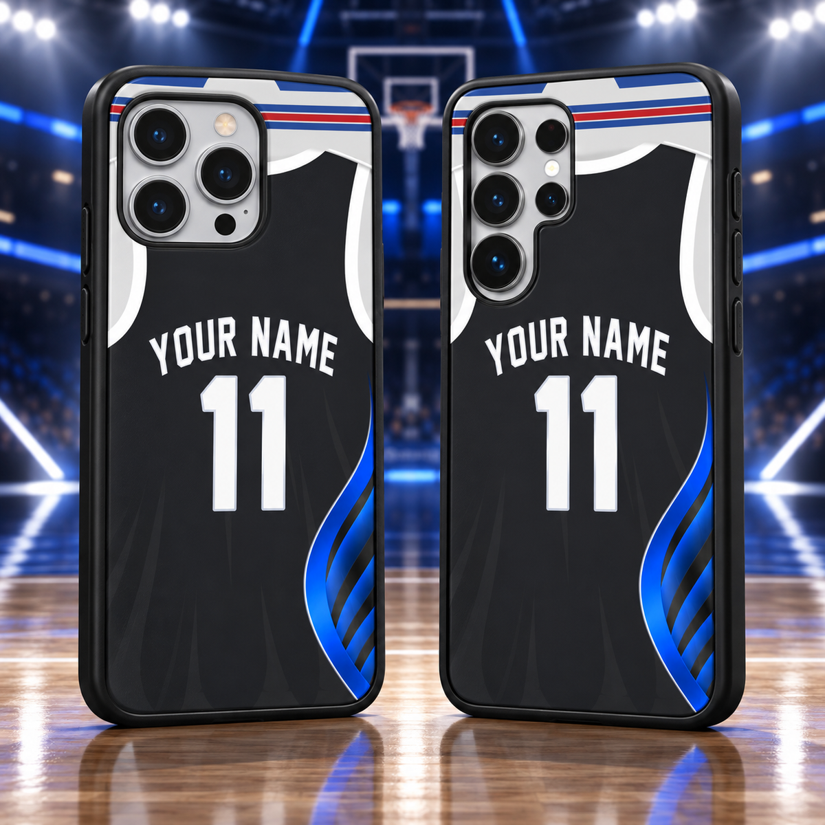 Dallas Mavericks black and blue personalized jersey number 11 iPhone 18 Pro Max and Samsung Galaxy S26 Ultra case mockup