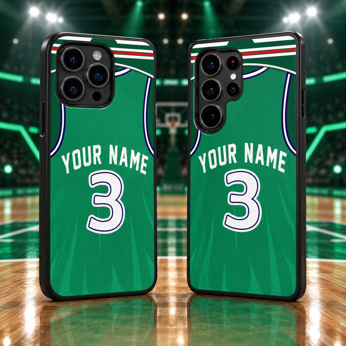 Dallas Mavericks green personalized jersey number 3 iPhone 18 Pro Max and Samsung Galaxy S26 Ultra case mockup