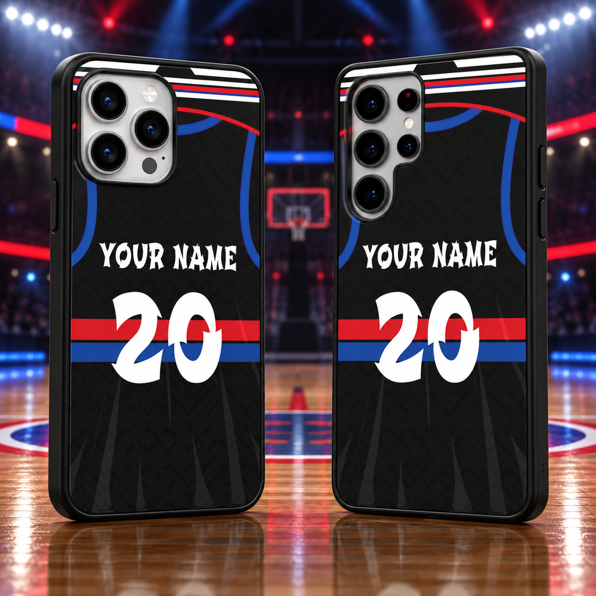 Detroit Pistons black personalized jersey number 20 iPhone 18 Pro Max and Samsung Galaxy S26 Ultra phone case mockup