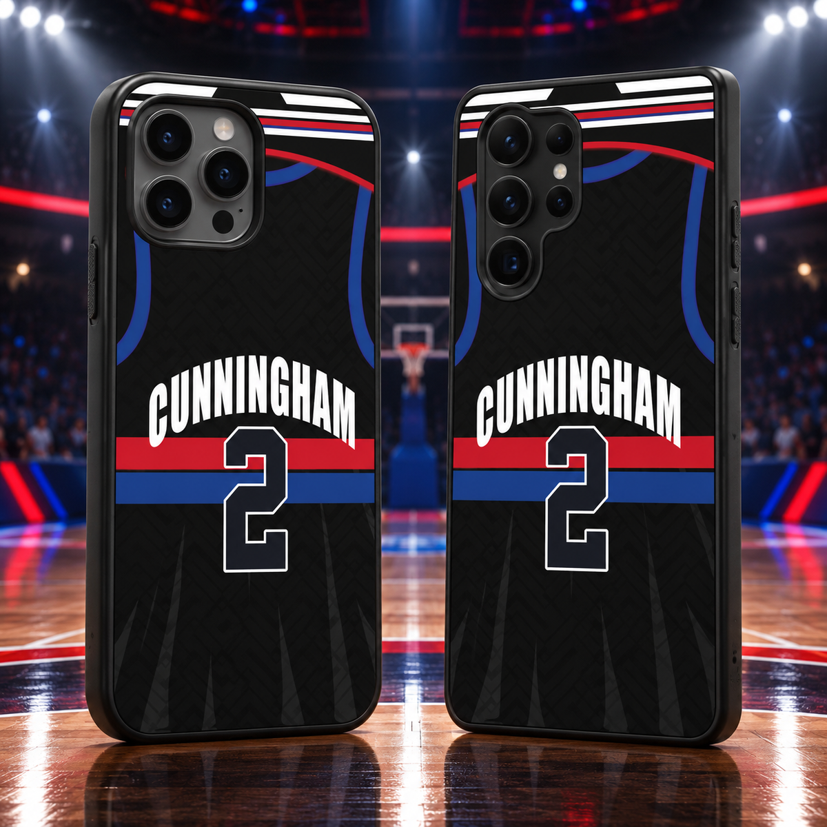 Detroit Pistons Cunningham black jersey number 2 iPhone 18 Pro Max and Samsung Galaxy S26 Ultra phone case mockup