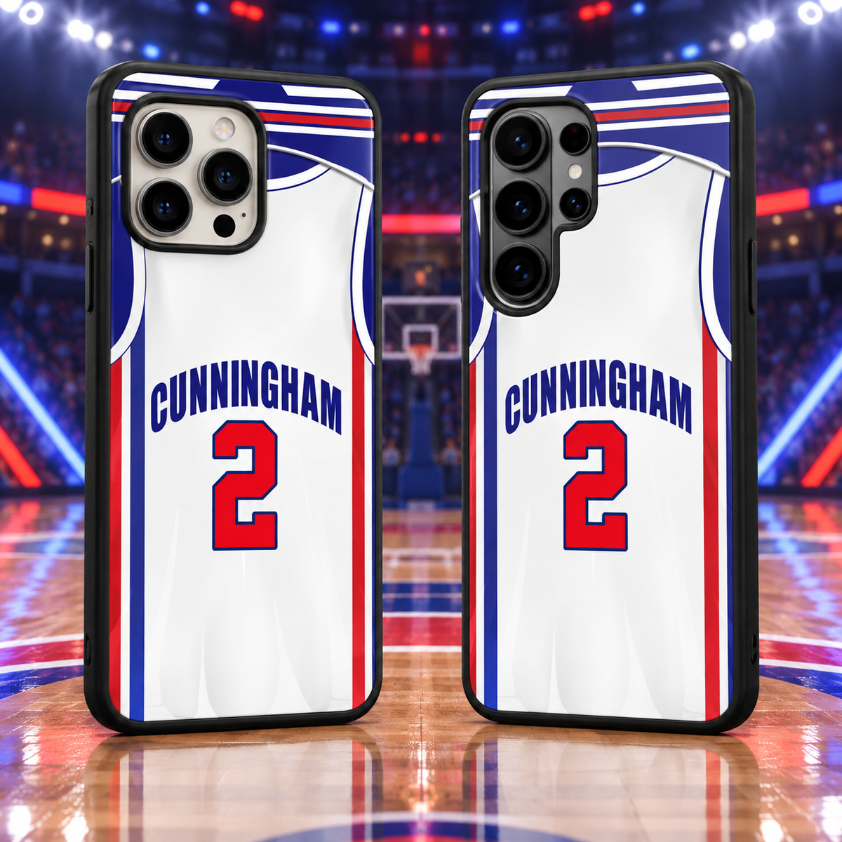 Detroit Pistons Cunningham white jersey number 2 iPhone 18 Pro Max and Samsung Galaxy S26 Ultra phone case mockup