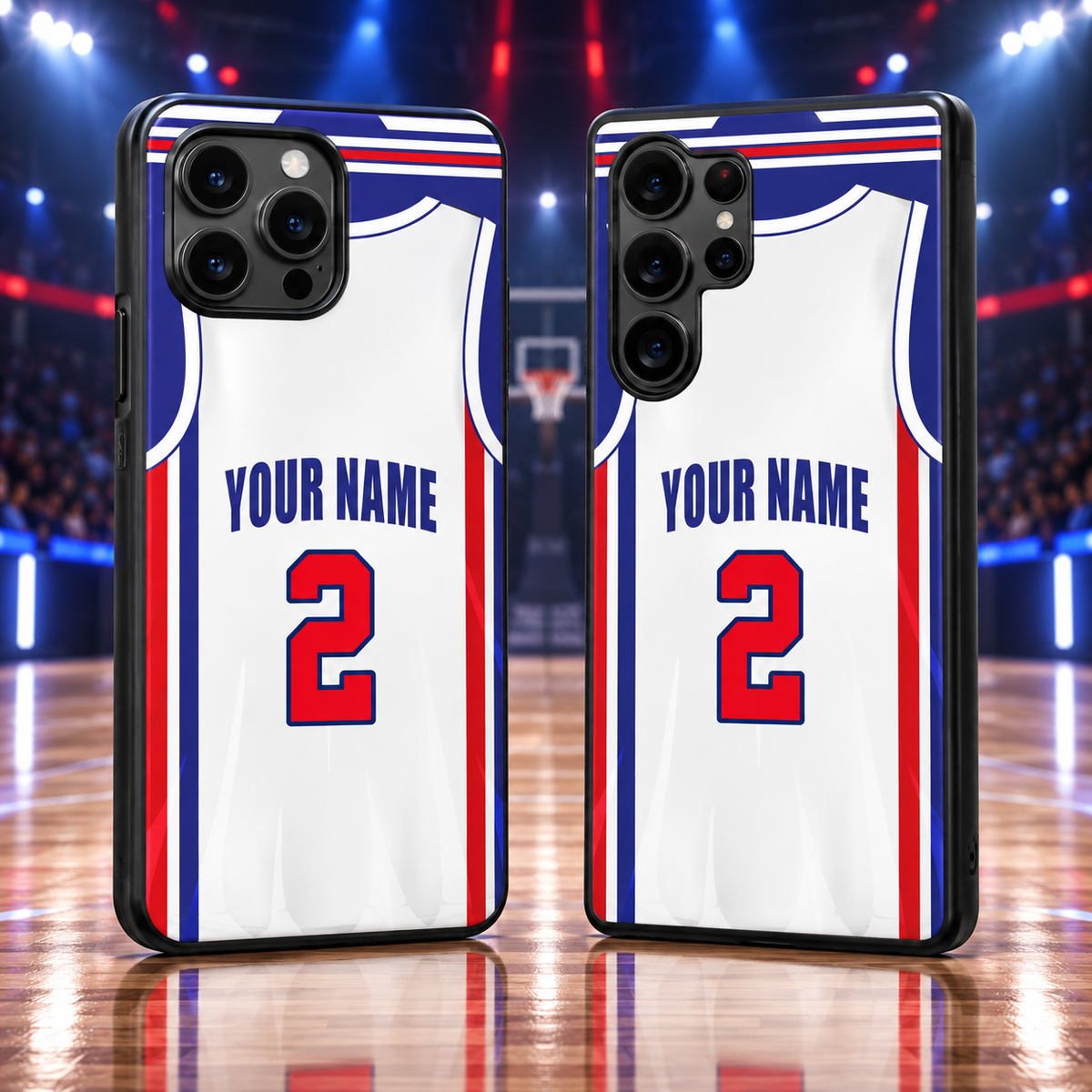 Detroit Pistons white personalized jersey number 2 iPhone 18 Pro Max and Samsung Galaxy S26 Ultra phone case mockup