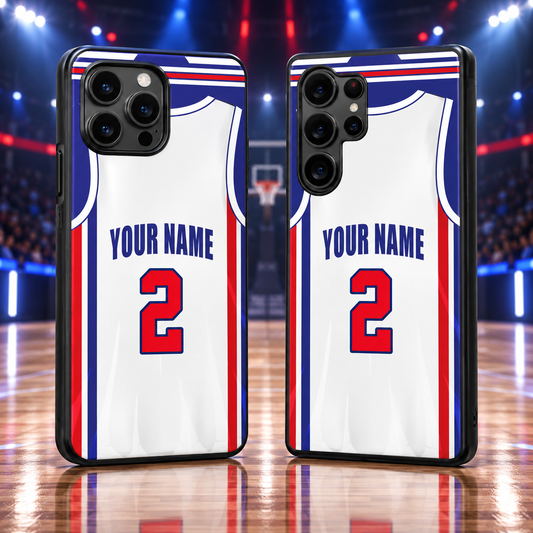 Detroit Pistons white personalized jersey number 2 iPhone 18 Pro Max and Samsung Galaxy S26 Ultra phone case mockup