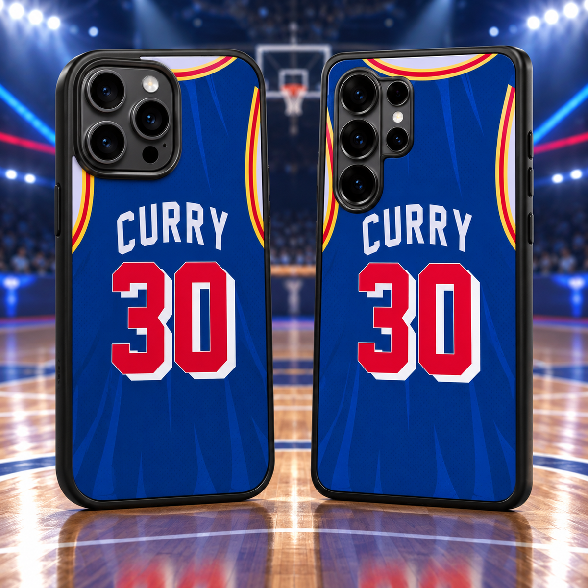 Golden State Warriors Curry blue jersey number 30 iPhone 18 Pro Max and Samsung Galaxy S26 Ultra phone case mockup