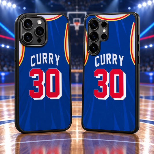 Golden State Warriors Curry blue jersey number 30 iPhone 18 Pro Max and Samsung Galaxy S26 Ultra phone case mockup