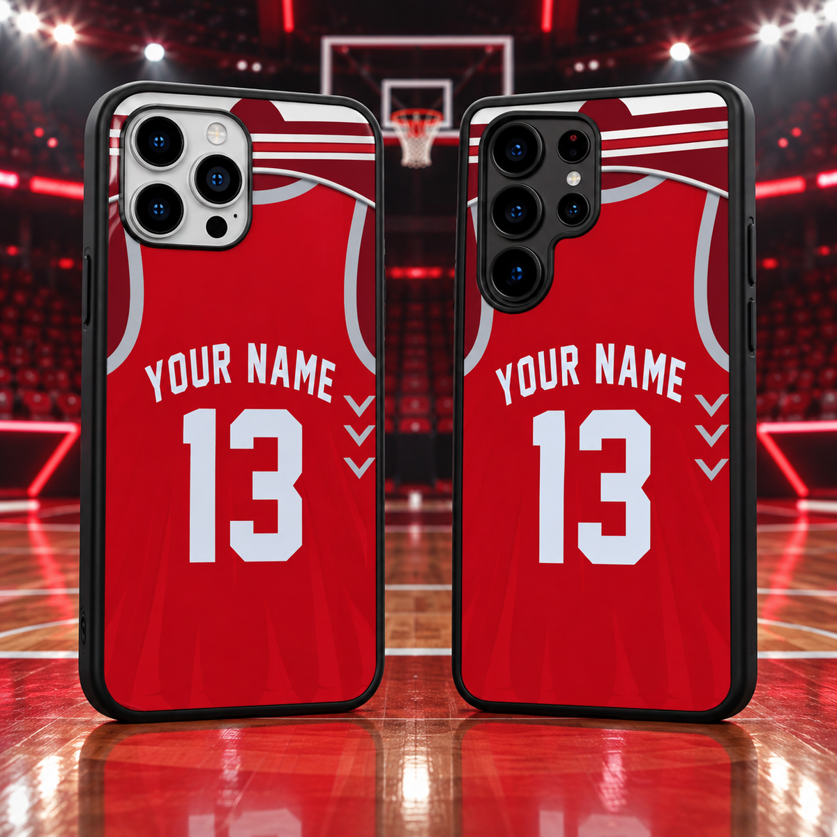 Houston Rockets red personalized jersey number 13 iPhone 18 Pro Max and Samsung Galaxy S26 Ultra phone case mockup