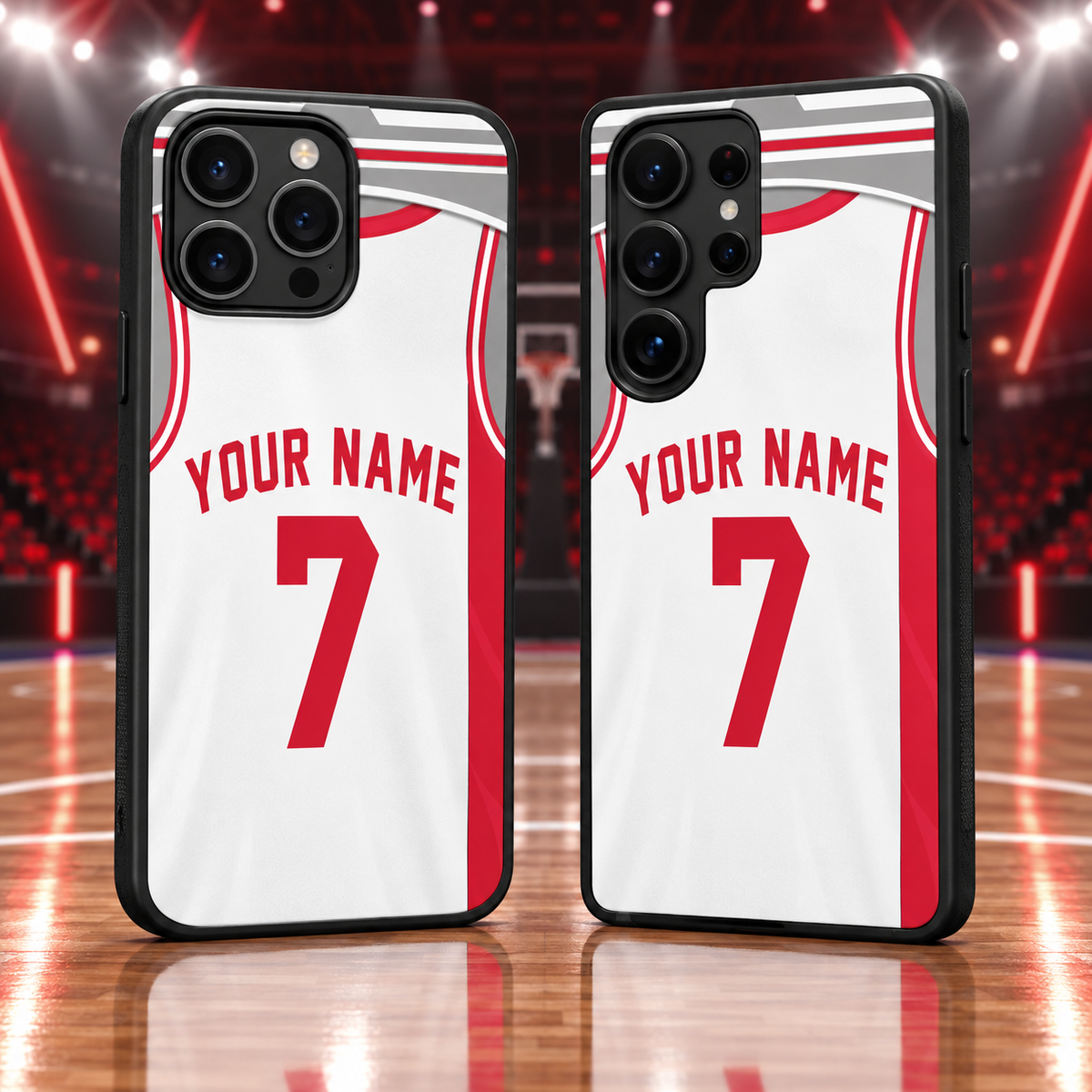 Houston Rockets white personalized jersey number 7 iPhone 18 Pro Max and Samsung Galaxy S26 Ultra phone case mockup