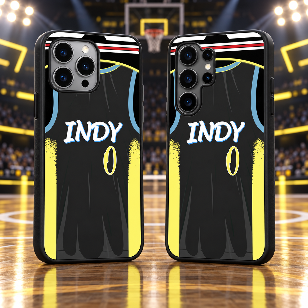 Indiana Pacers Indy black jersey number 0 iPhone 18 Pro Max and Samsung Galaxy S26 Ultra phone case mockup